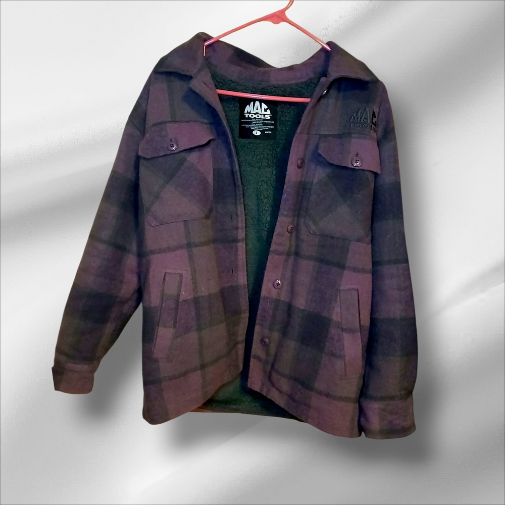 MAC Tools Sherpa Lined Button Up Plaid Flannel Heavy Jacket Purple Gray Sz Small